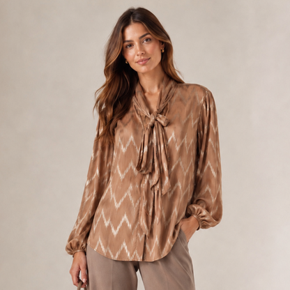 Emer Camel & Gold Metallic Pussy Bow Blouse