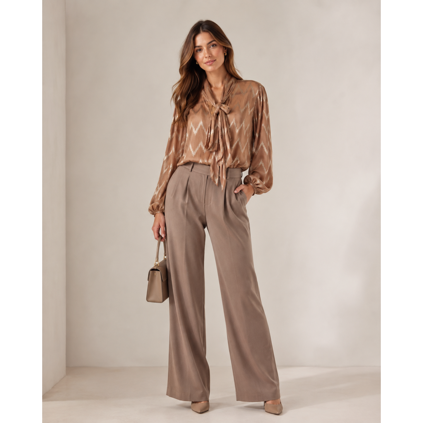 Emer Camel & Gold Metallic Pussy Bow Blouse