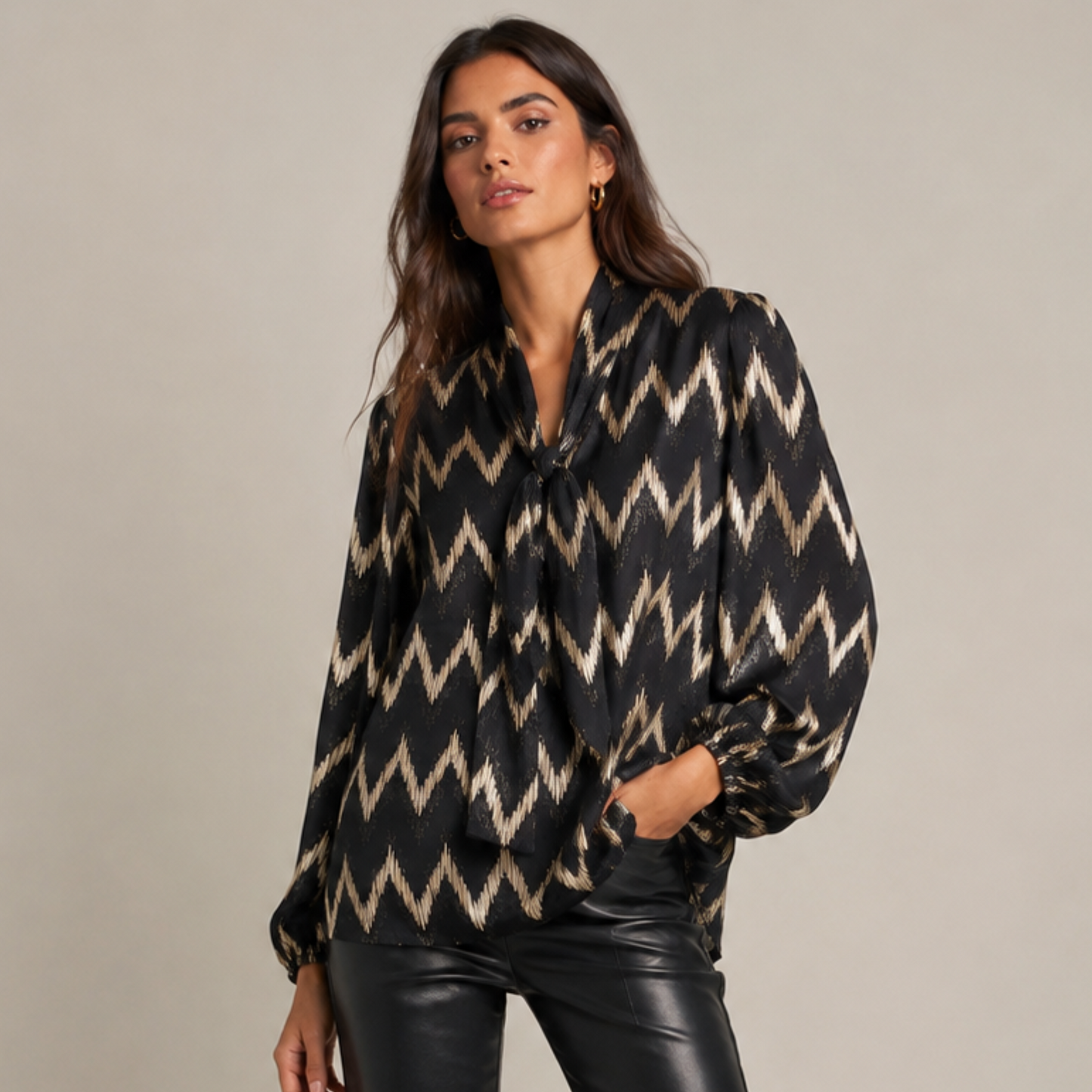 Emer Black & Gold Metallic Pussy Bow Blouse