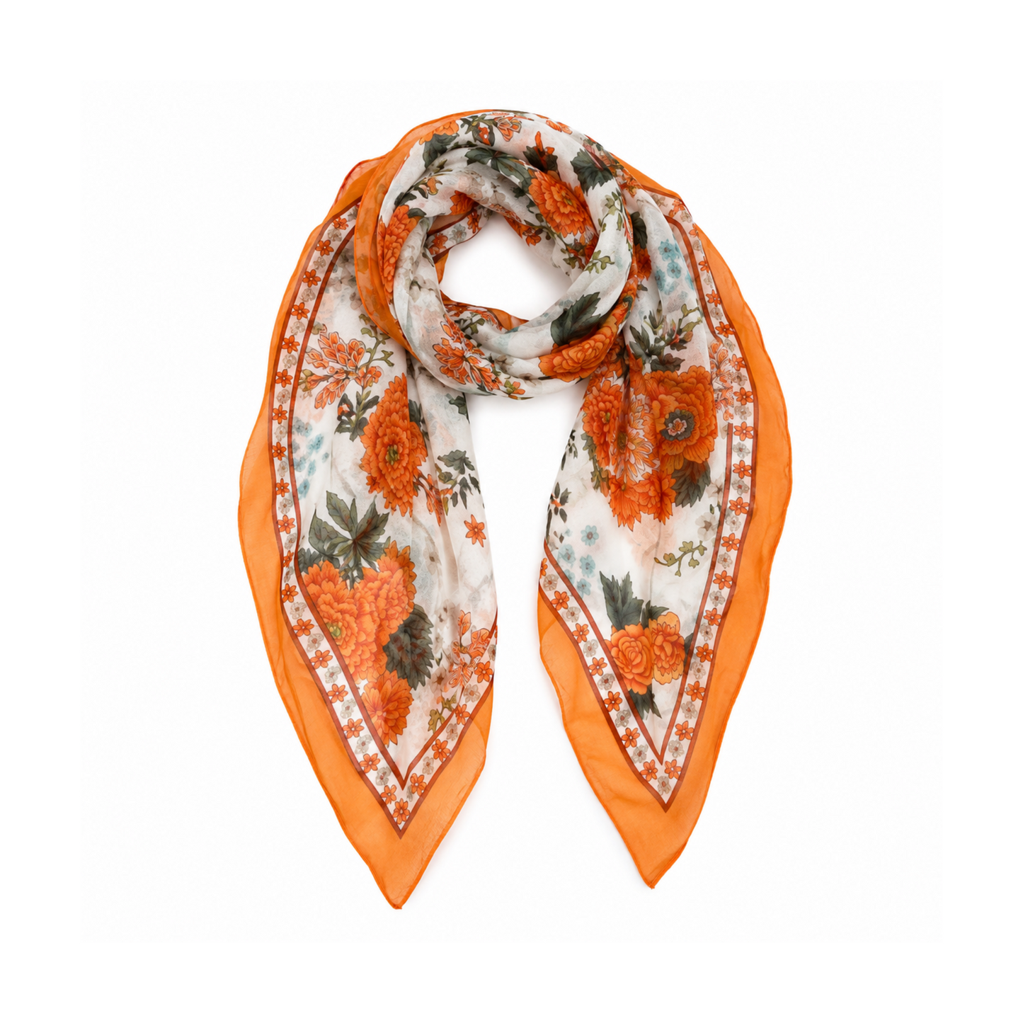 Floral Neck Scarf Orange Green & Cream