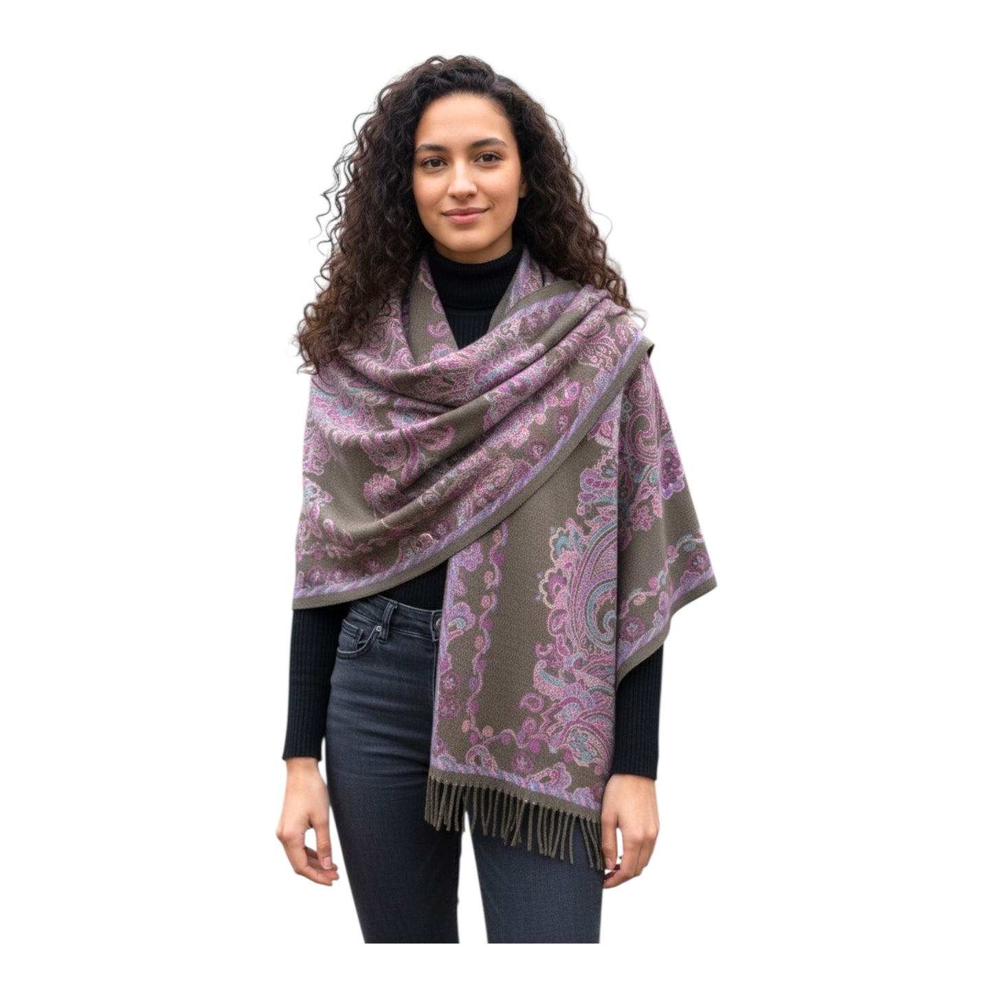 Paisley Pashmina Khaki & Pink