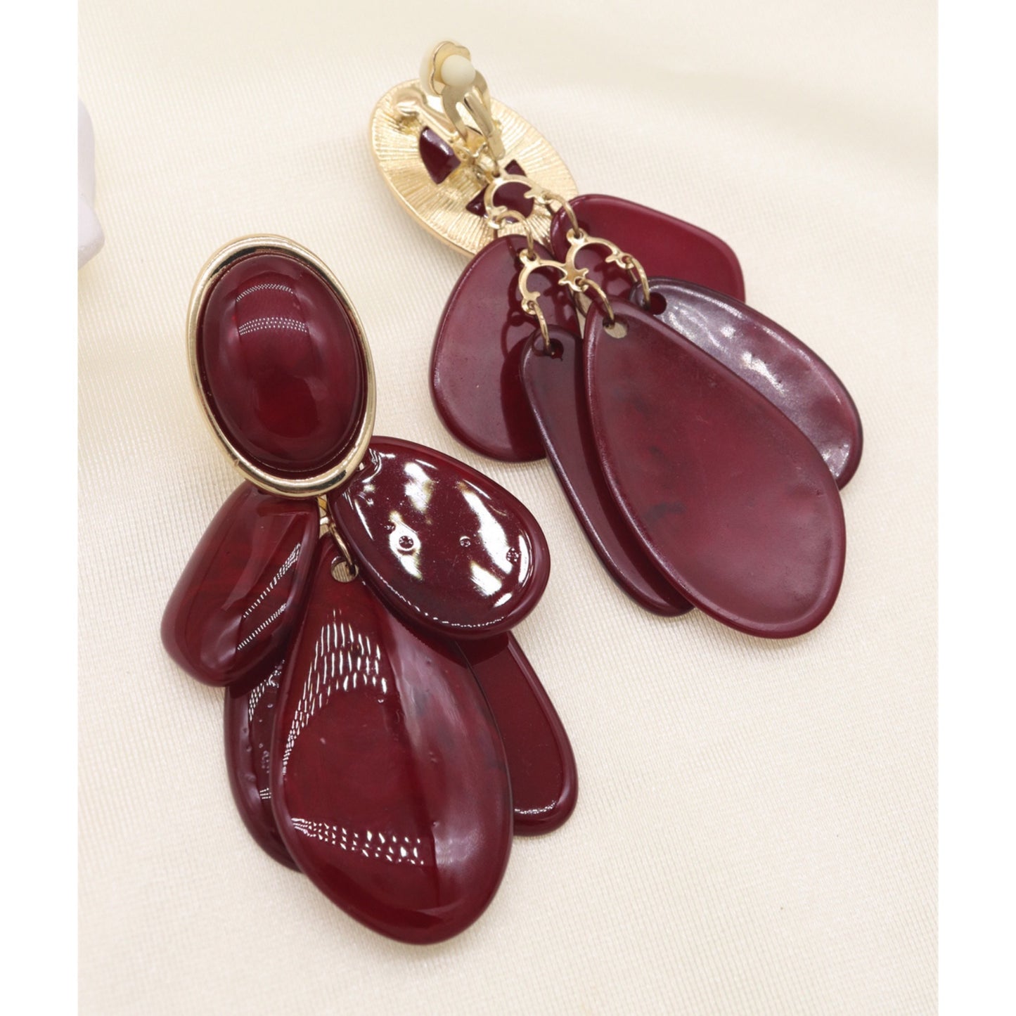 Wine/Gold Statement Clip On Earrings