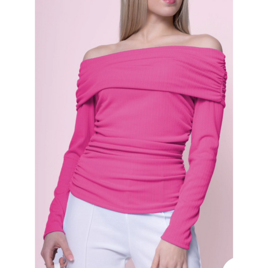 Grainne Long Sleeve Bardot Top Fuschia