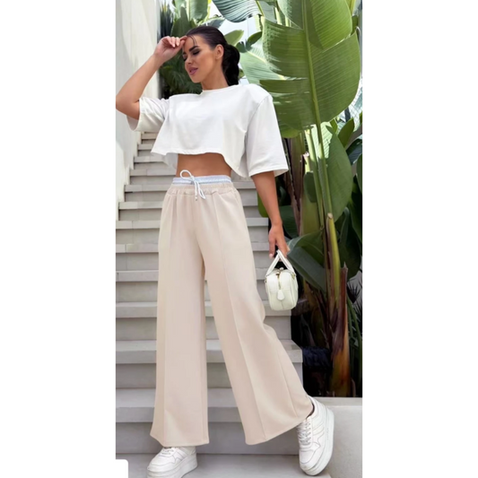Deborah Beige Elasticated Wide Leg Joggers White Waistband