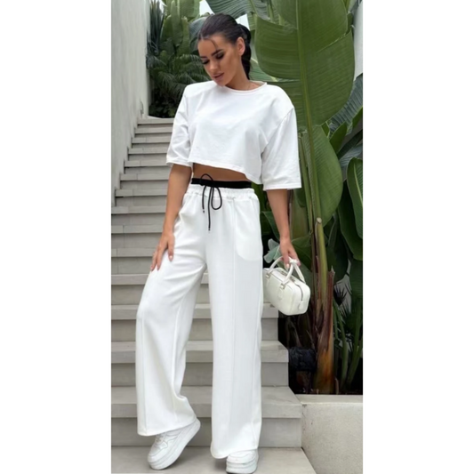 Deborah Cream Elasticated Wide Leg Joggers Black Waistband