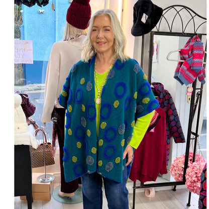 Oversized Wool Embroidery Cape Teal/Circular Design