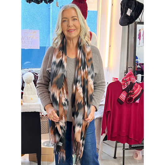 Cosy Zig Zag Scarf Brown Grey & Cream