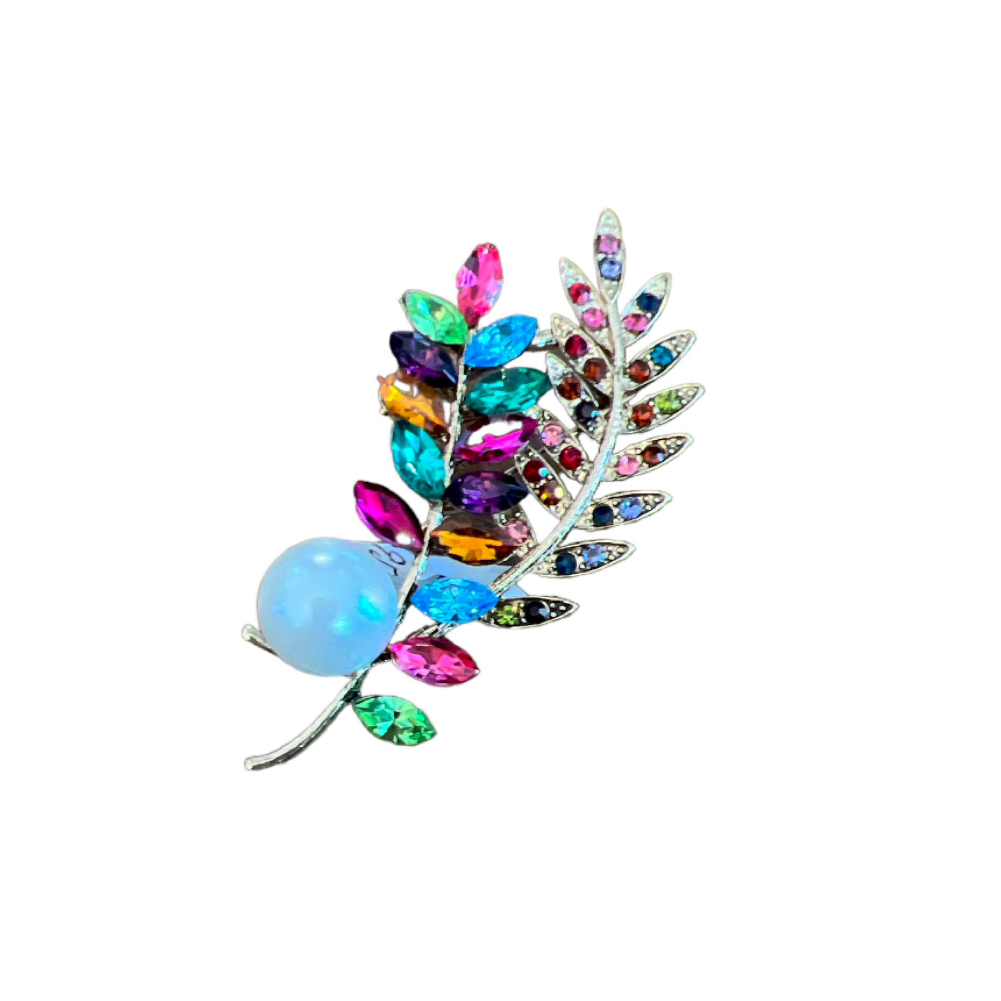 Multicoloured jewelled leaf brooch with pearl