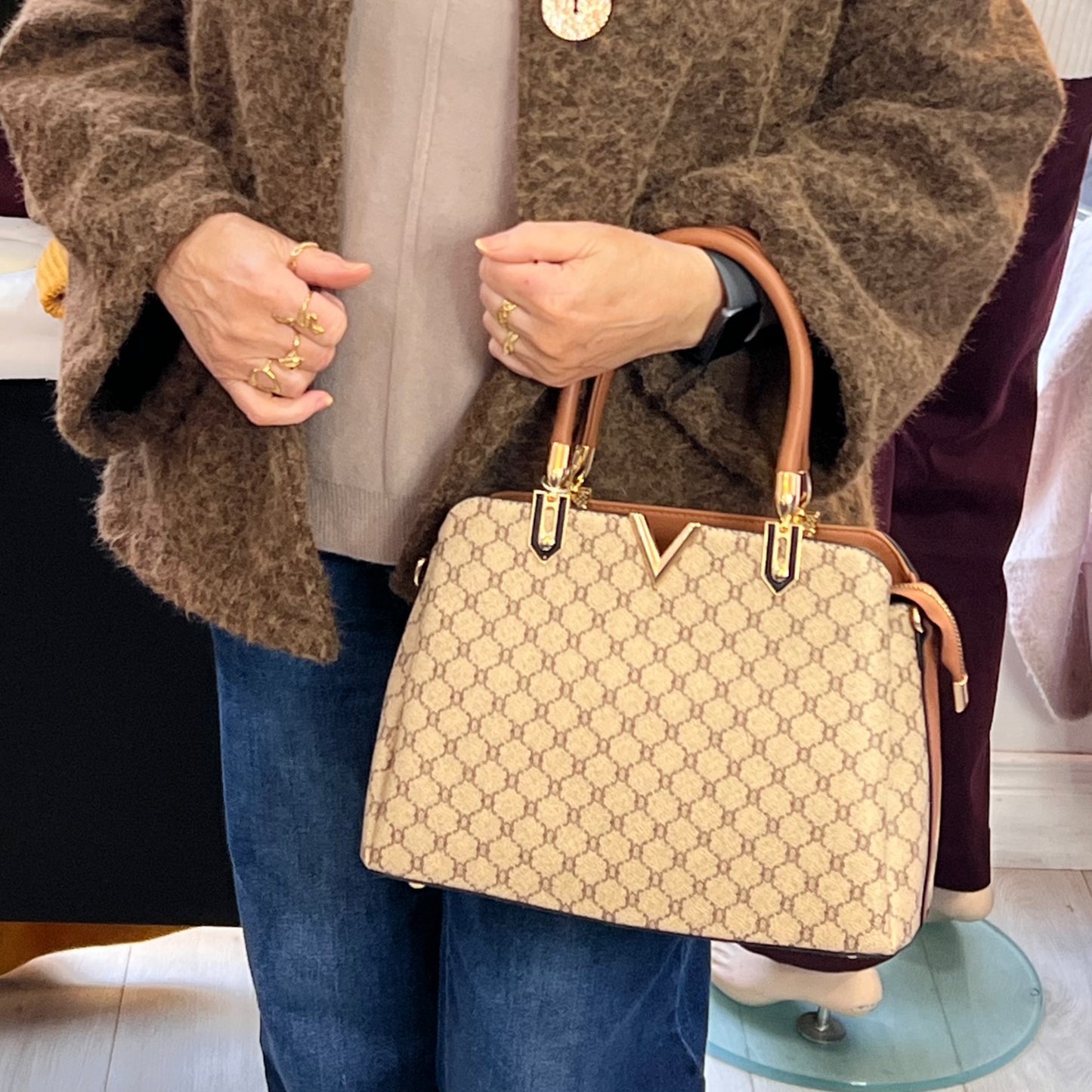 Beige & Tan Handbag Gold V