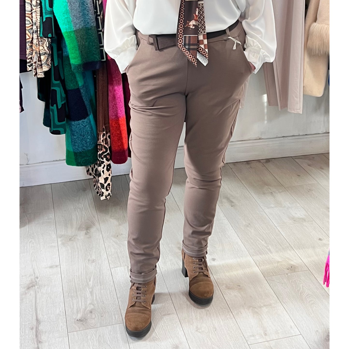 Wilma Elasticated Belted Trousers Taupe
