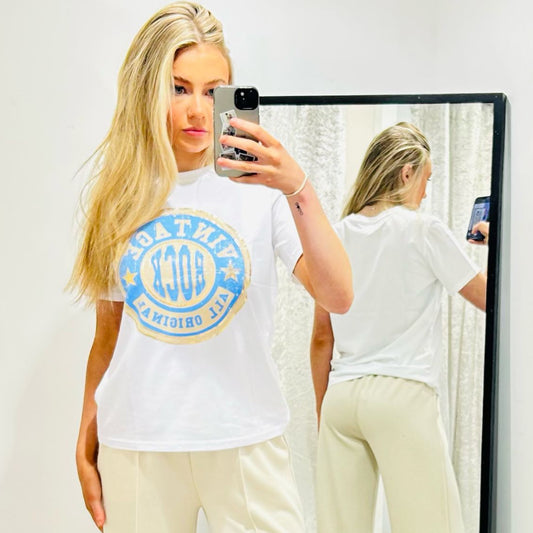 White T-Shirt Vintage Logo Blue