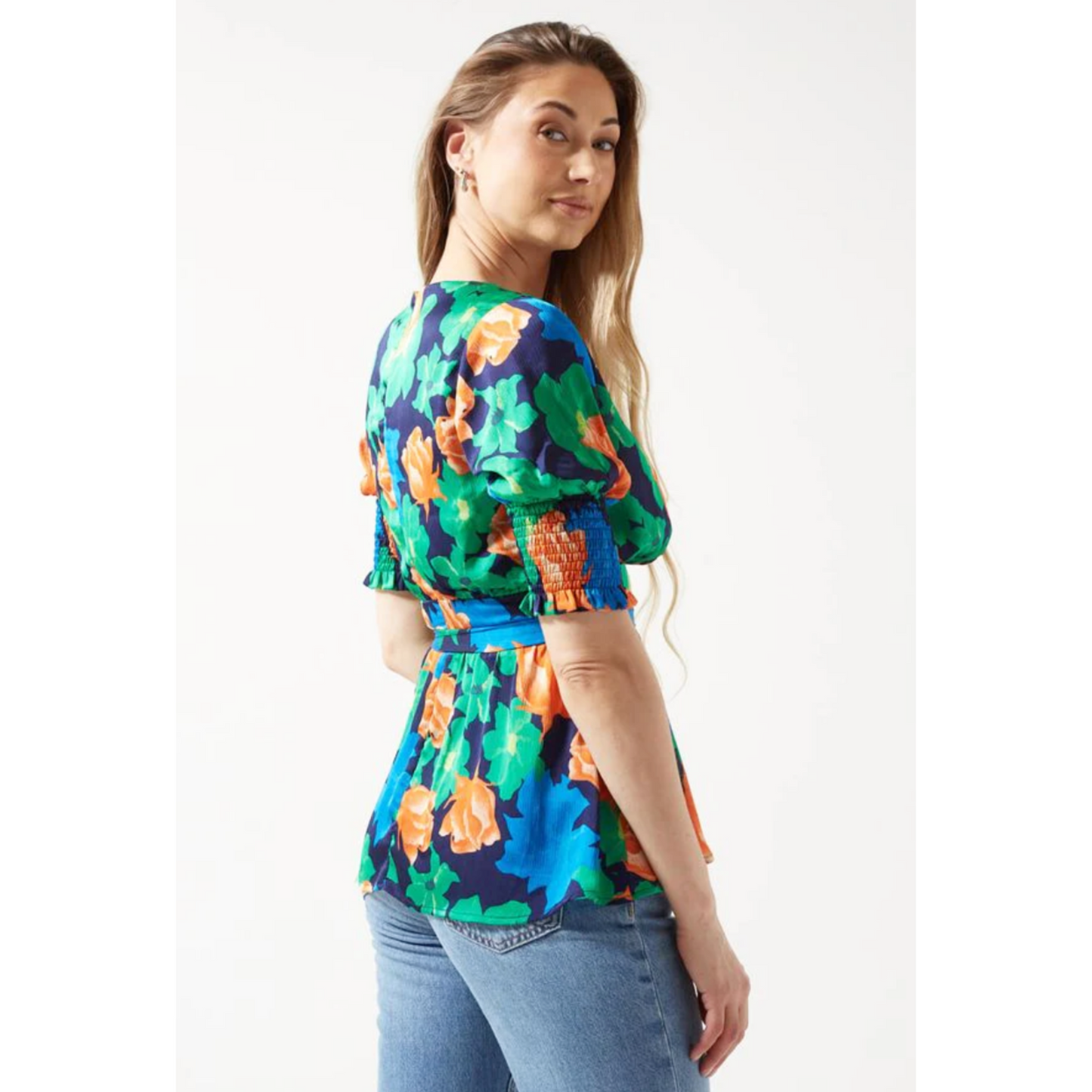 PIXIE DAISY Navy,Green,Orange Printed Peplum Top