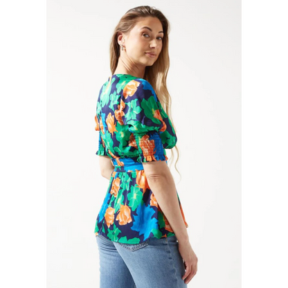 PIXIE DAISY Navy,Green,Orange Printed Peplum Top