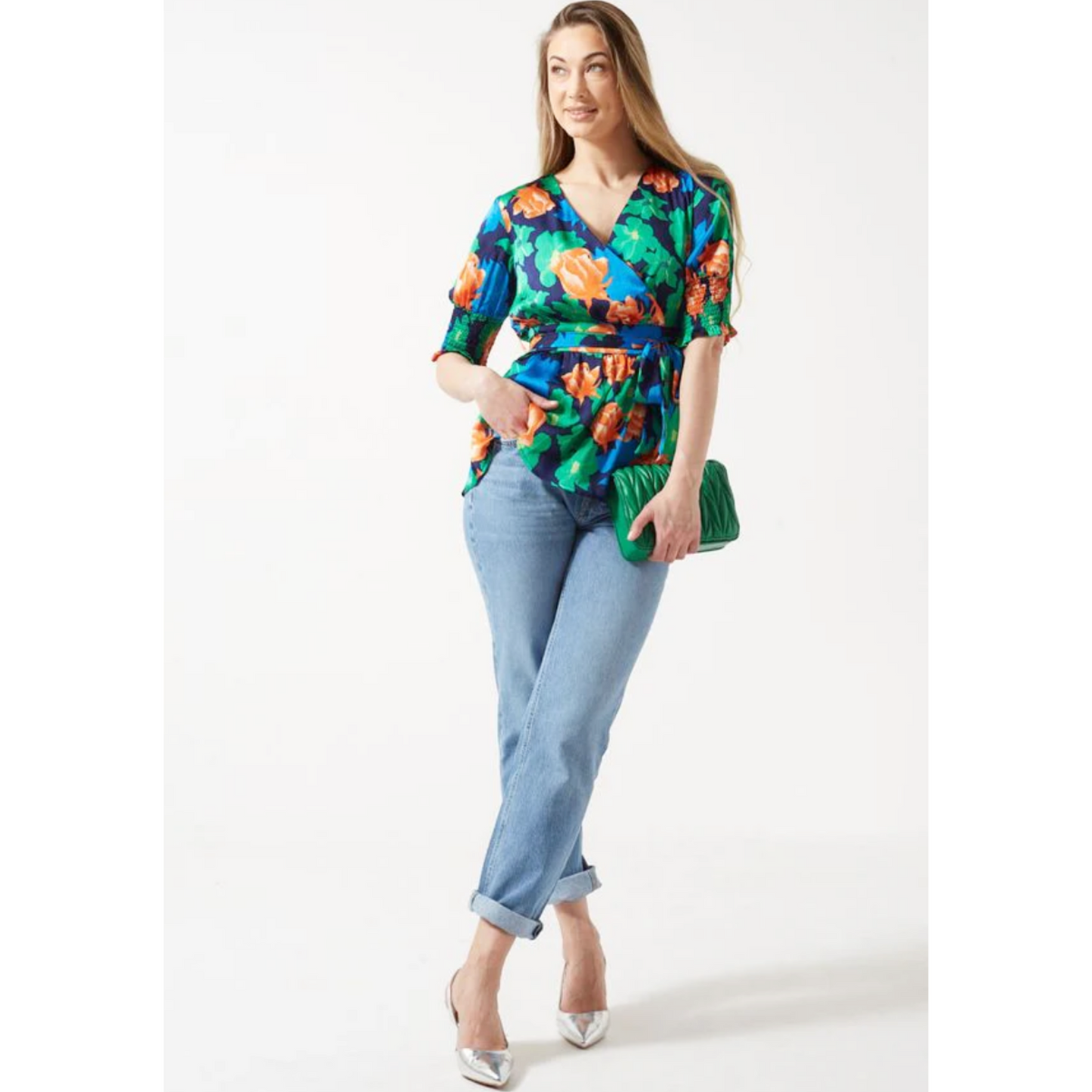 PIXIE DAISY Navy,Green,Orange Printed Peplum Top