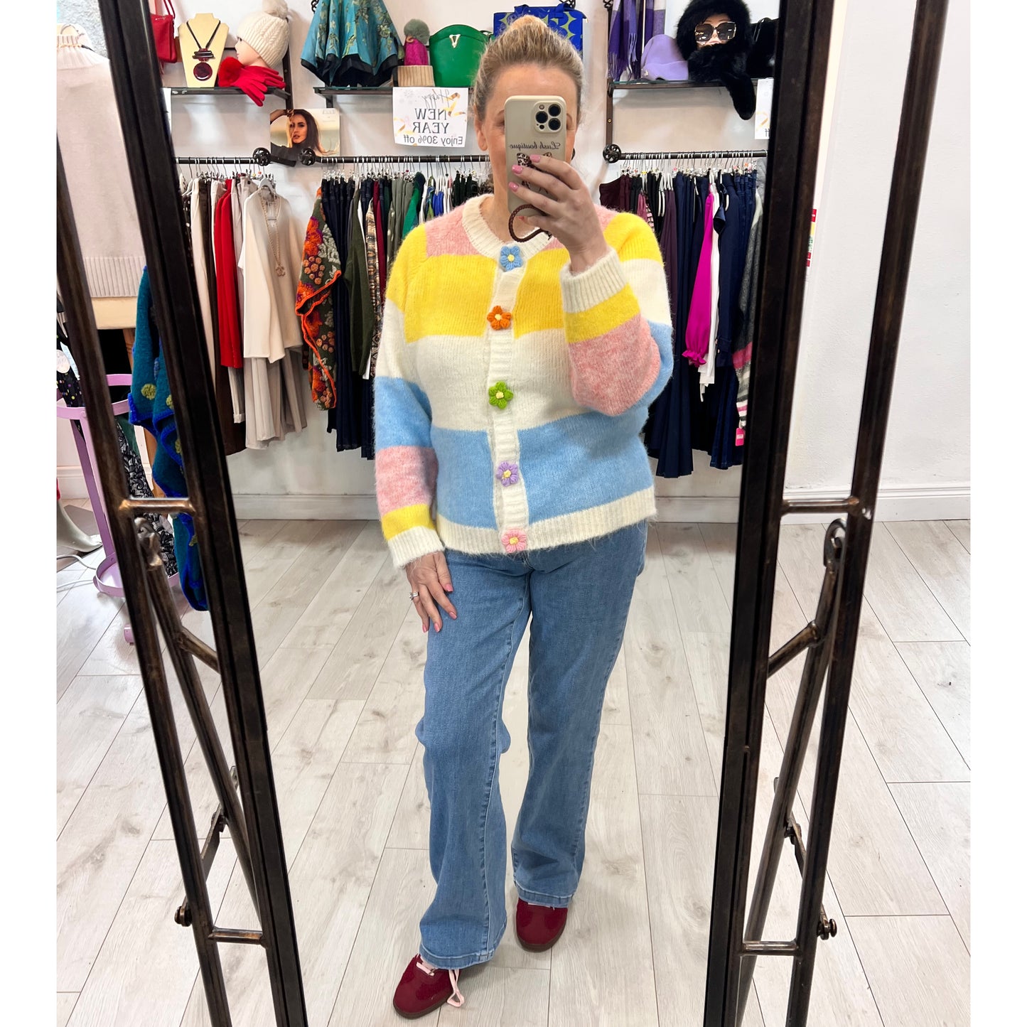 Gemma Striped Knit Cardigan Flowers