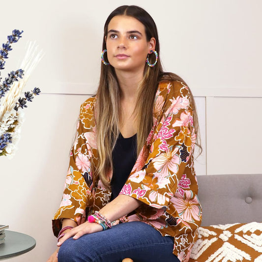 POM Tan Kaftan Jacket Multicoloured Floral Design