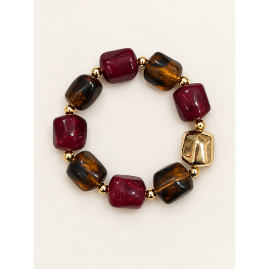 Cubed Elasticated Bracelet Wine Chocolate & Gold