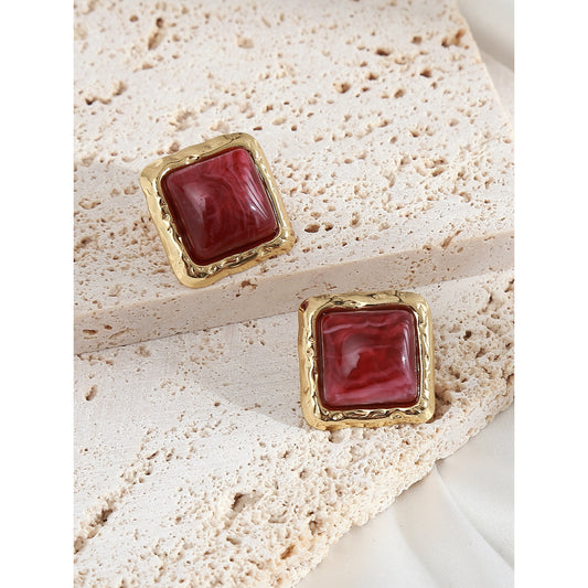 Wine & Gold Square Earrings