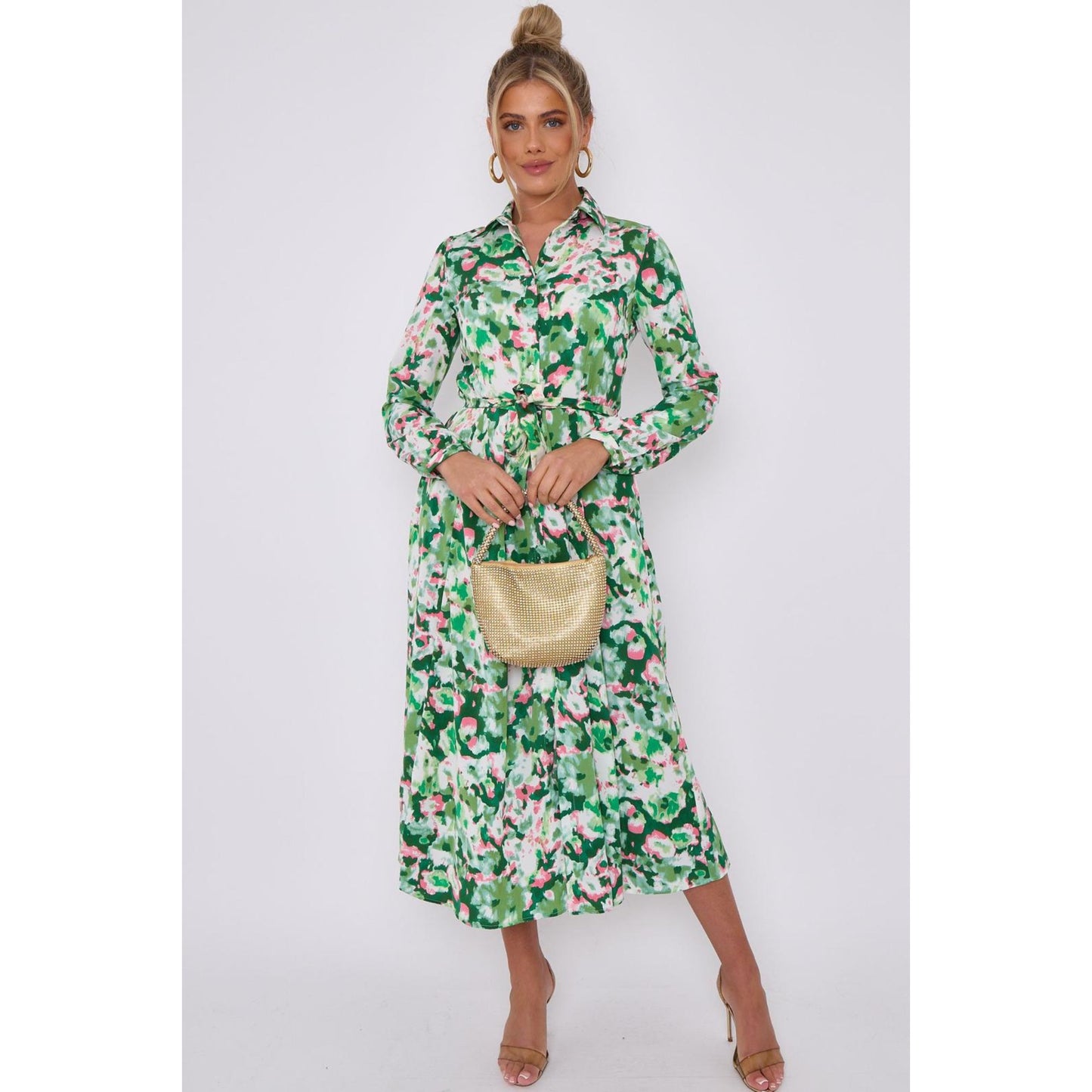 Olivia Green Printed Maxi Shirt Dress