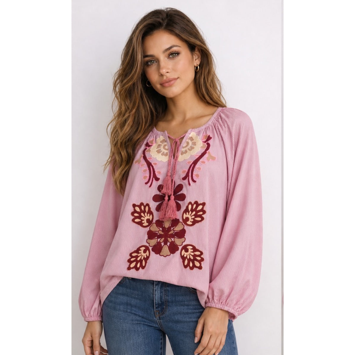 Embroidered Boho Striped Blouse Burgandy
