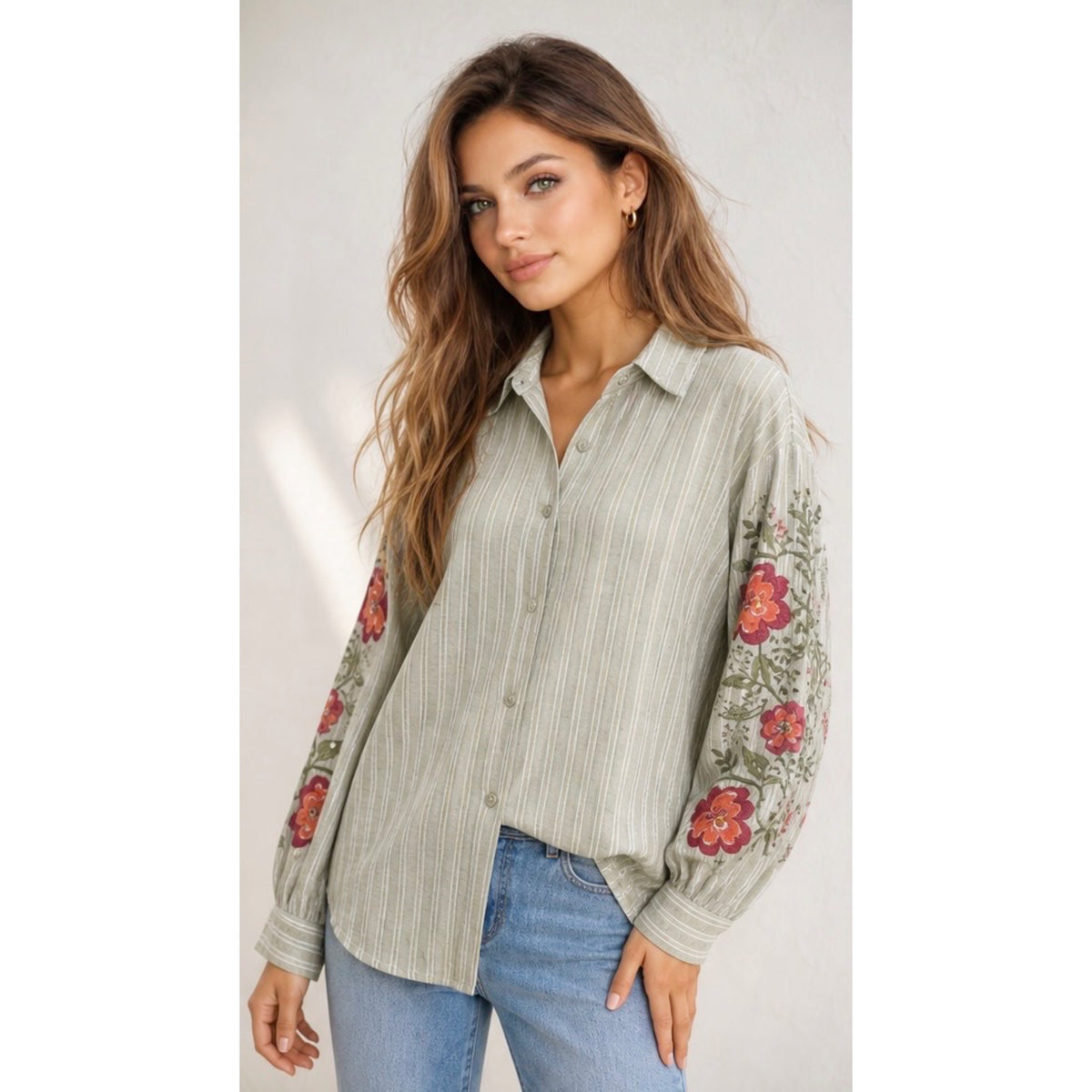 Green Boho Striped Embroidered Shirt