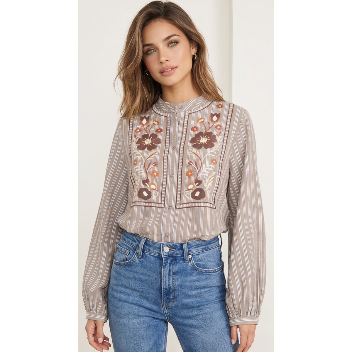 Mocha Stripe Embroidered Floral Blouse