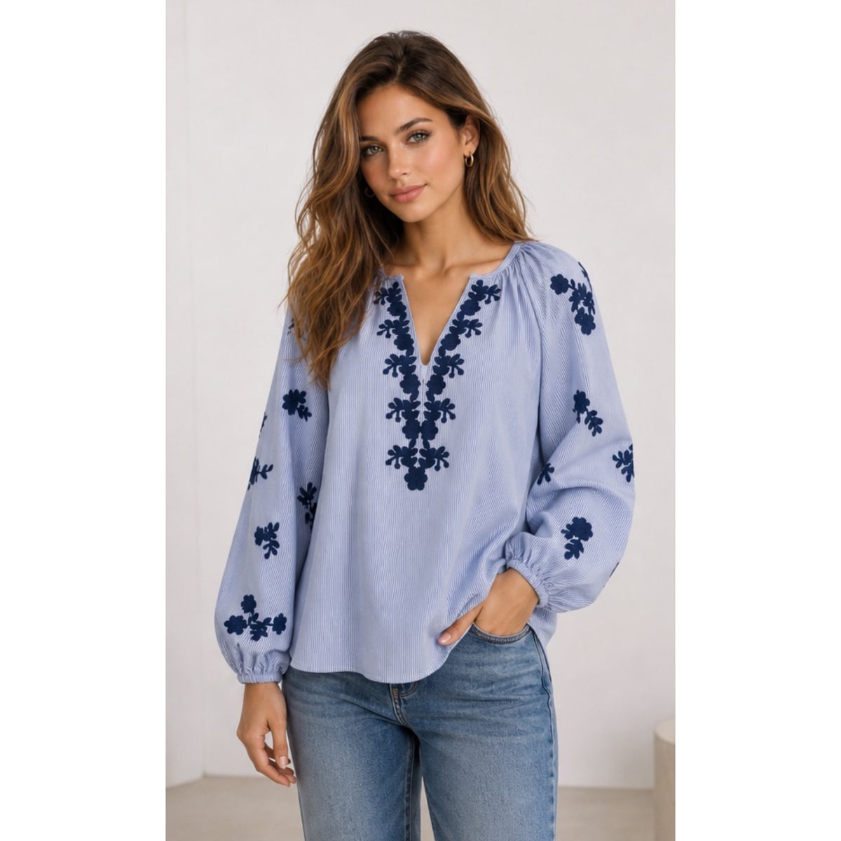 Blue Striped Boho Embroidered Blouse