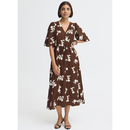 FRANSA Brown & Cream Embroidery Midi Dress