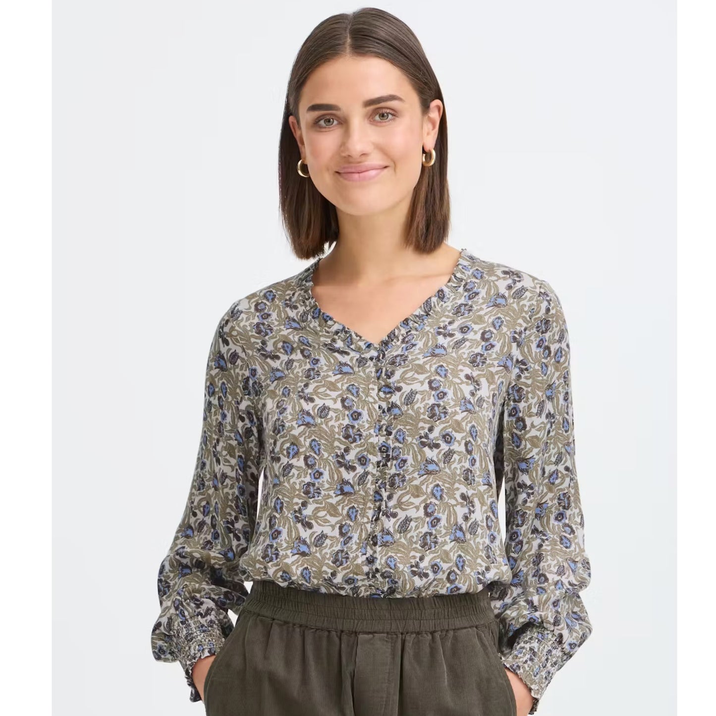 FRANSA Floral Print V-Neck Blouse – Khaki & Blue