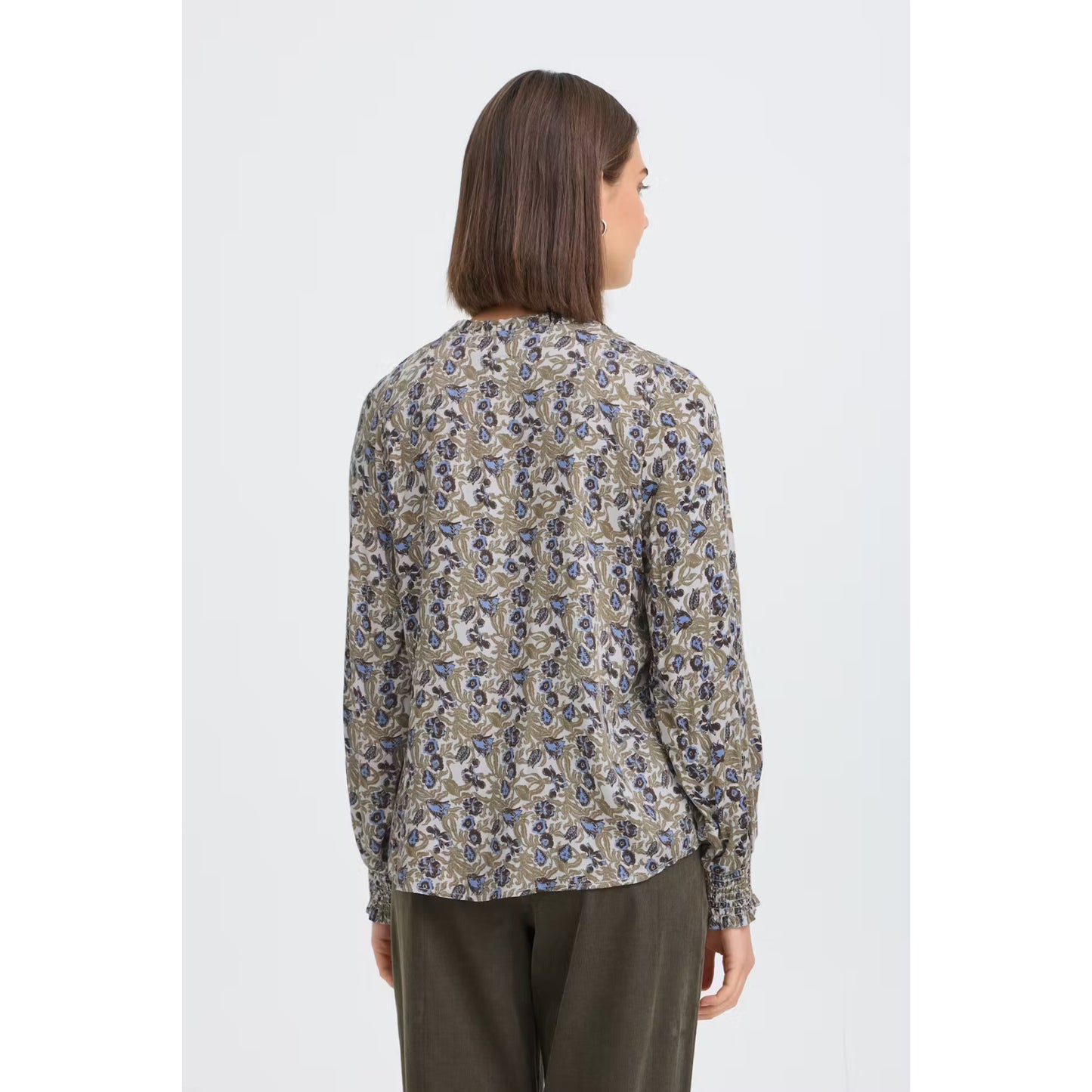 FRANSA Floral Print V-Neck Blouse – Khaki & Blue