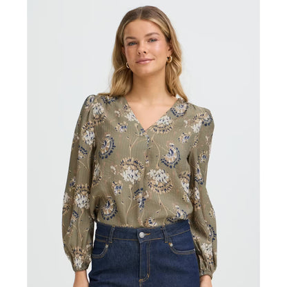 FRANSA Khaki Floral V Neck Blouse