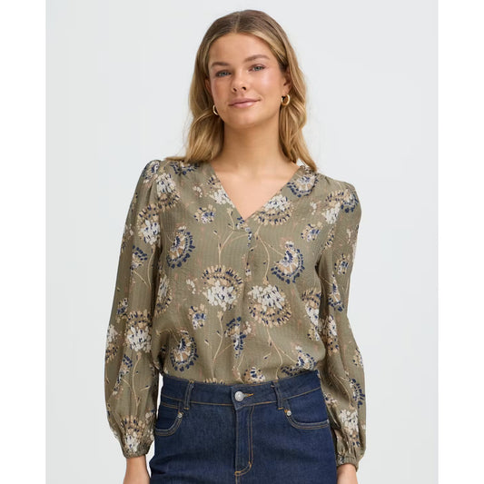 FRANSA Khaki Floral V Neck Blouse