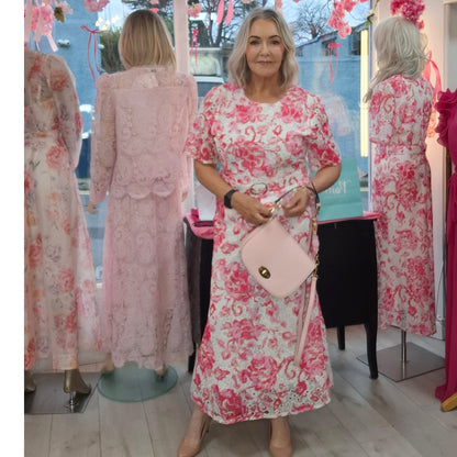 Jenna Pink & White Crochet Lace Midi Dress