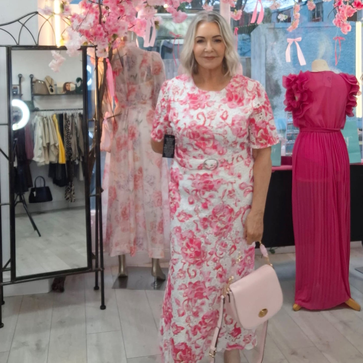 Jenna Pink & White Crochet Lace Midi Dress