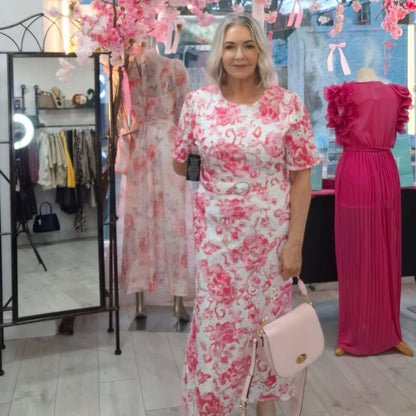 Jenna Pink & White Crochet Lace Midi Dress