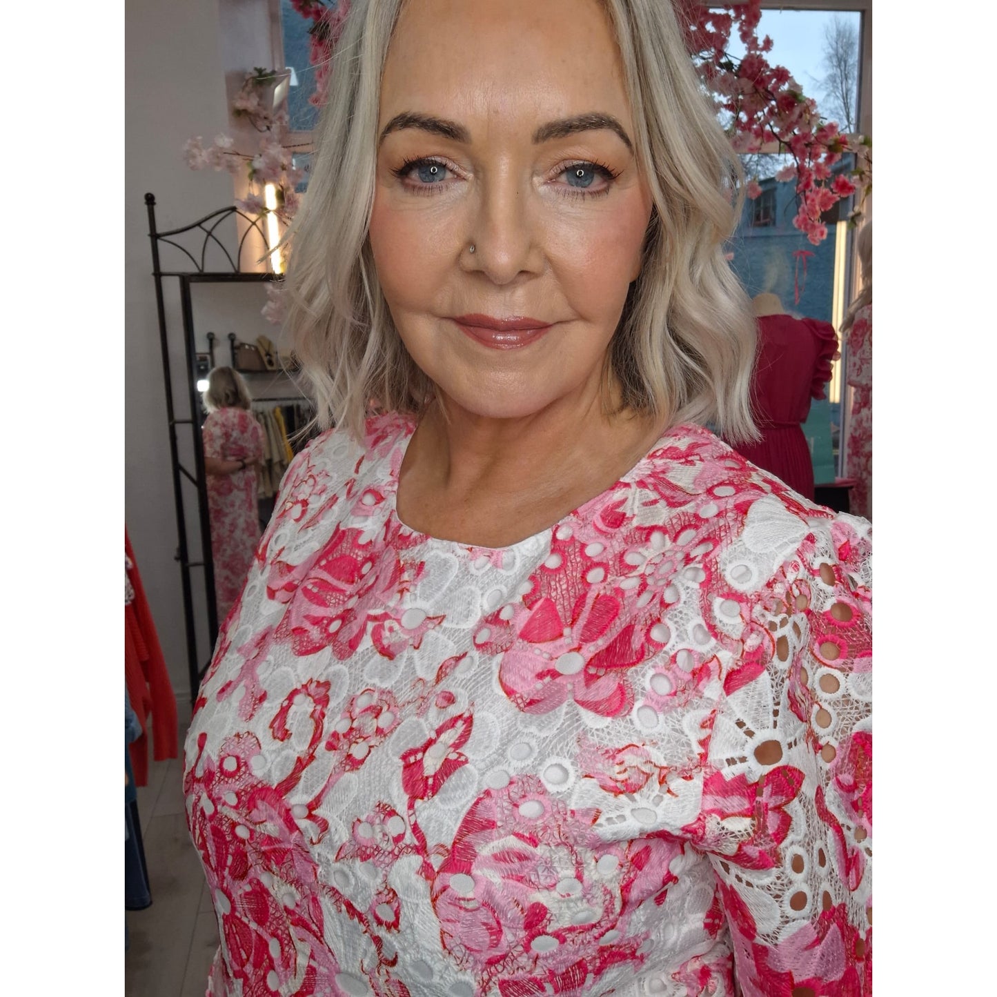 Jenna Pink & White Crochet Lace Midi Dress