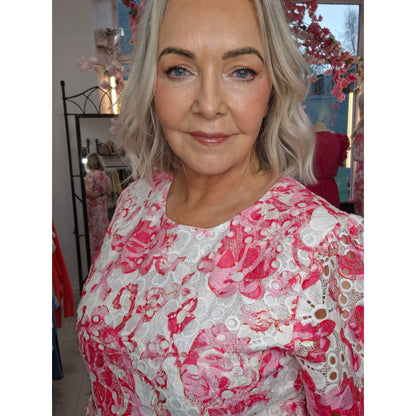 Jenna Pink & White Crochet Lace Midi Dress