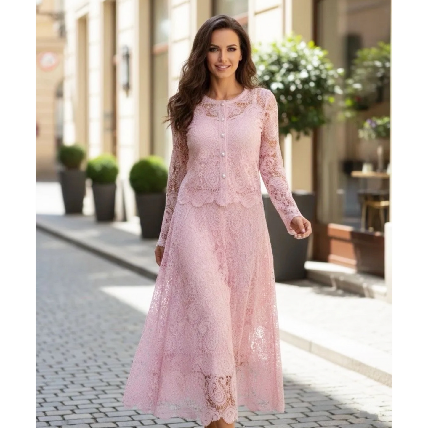 Tamara Pink Lace Two-Piece Occasion Top & Skirt Set