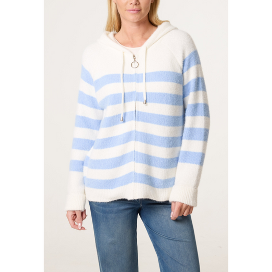 Cosy Striped Hooded Cardigan Blue & White