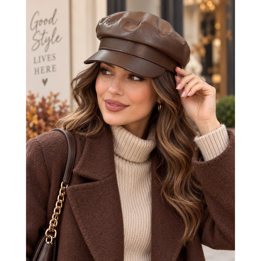 Chocolate Brown Faux Leather Peak Cap