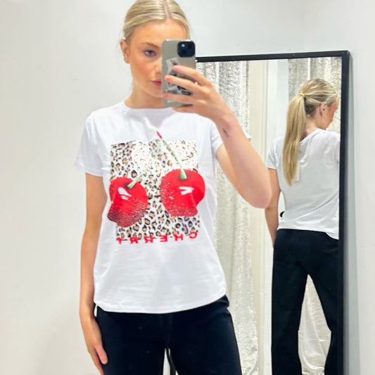 White T-Shirt Red Cherries & Leopard Print