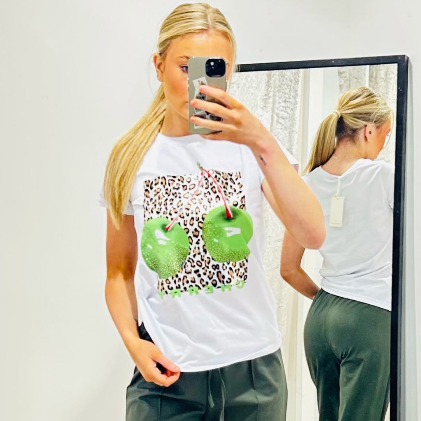 White T-Shirt Green Cherries & Leopard Print