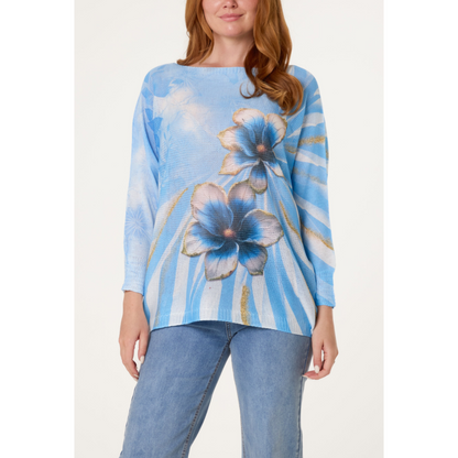 Floral Print Fine Knit Jumper Blue