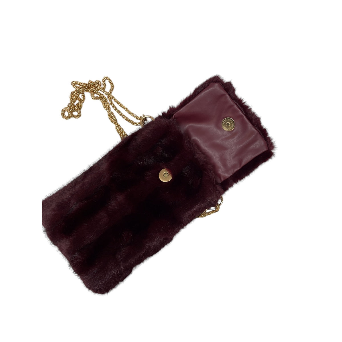 Burgandy Faux Fur & Gold Chain Pouch Bag