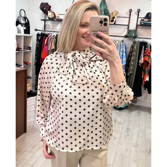 Cream Pussy Bow Blouse Brown Dots