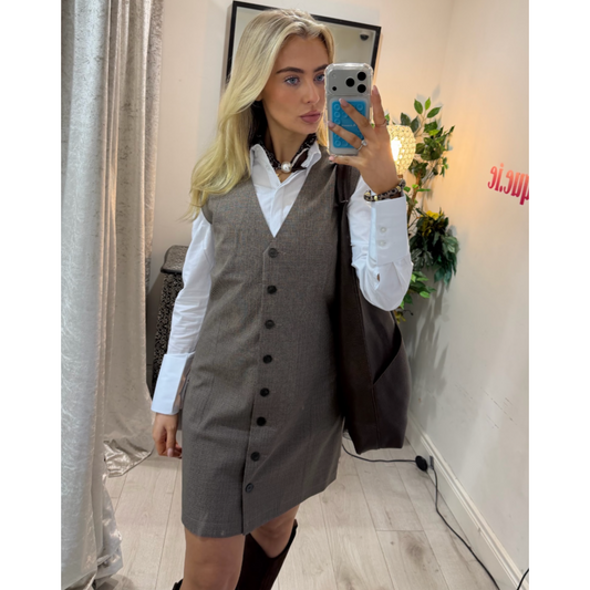 FRANSA Taupe Button Front Pinafore Dress
