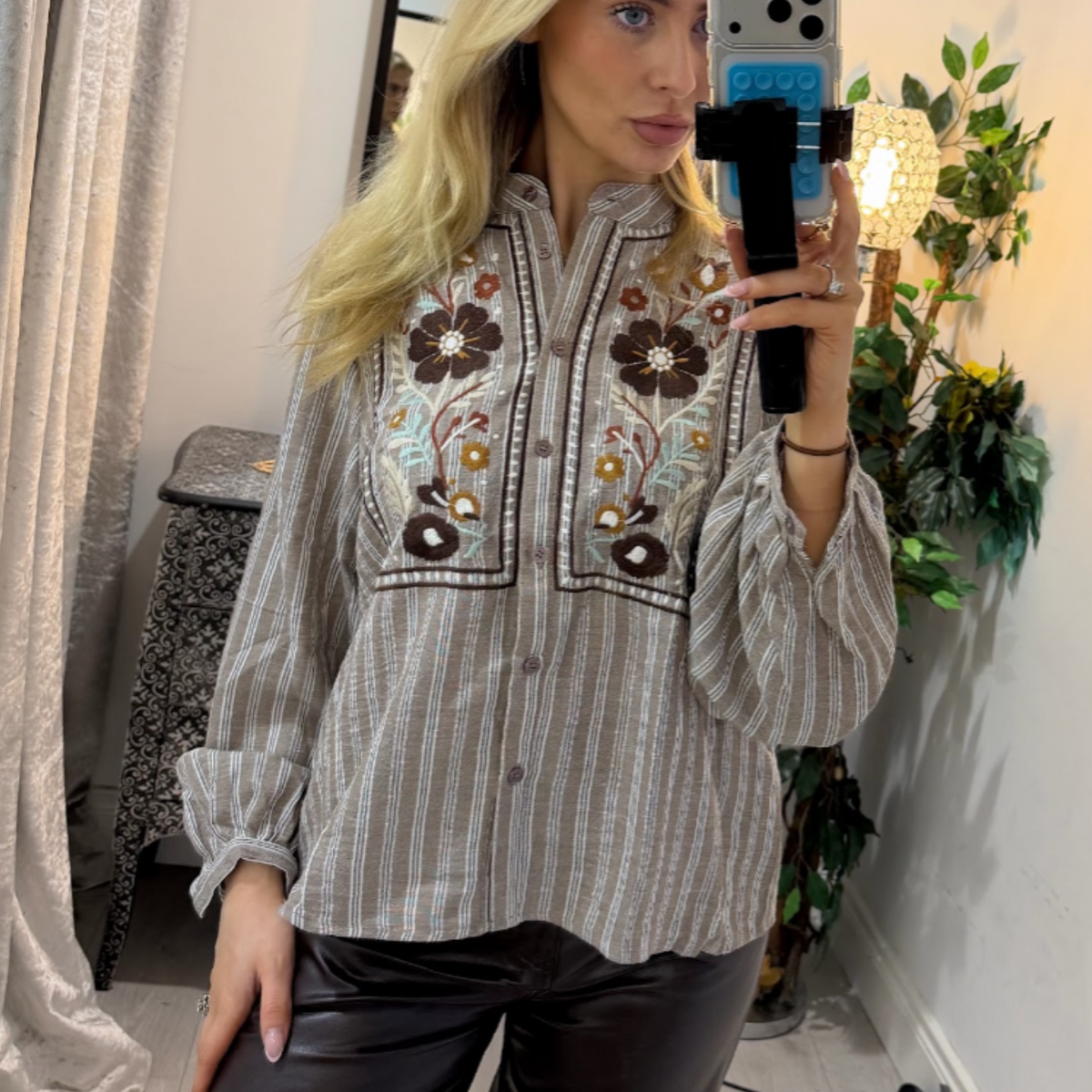 Mocha Stripe Embroidered Floral Blouse
