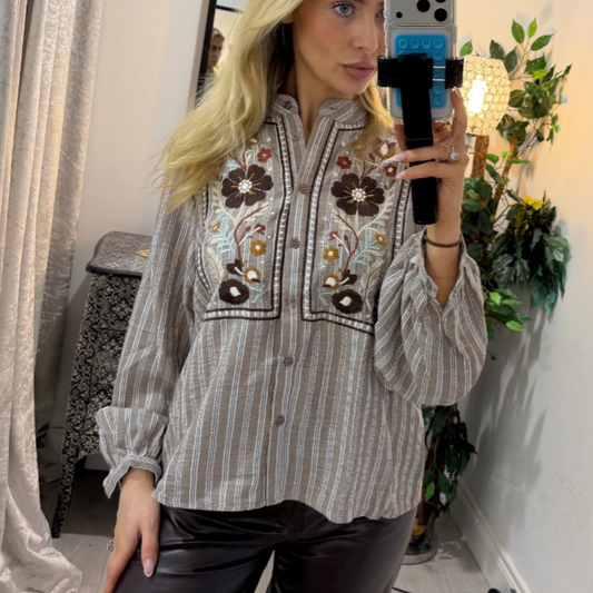 Mocha Stripe Embroidered Floral Blouse