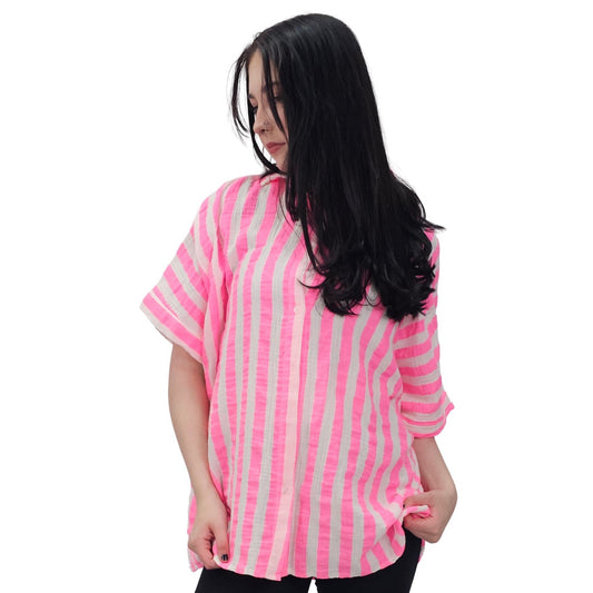 Vertical Stripes Button Down Cotton Shirt Pink & White