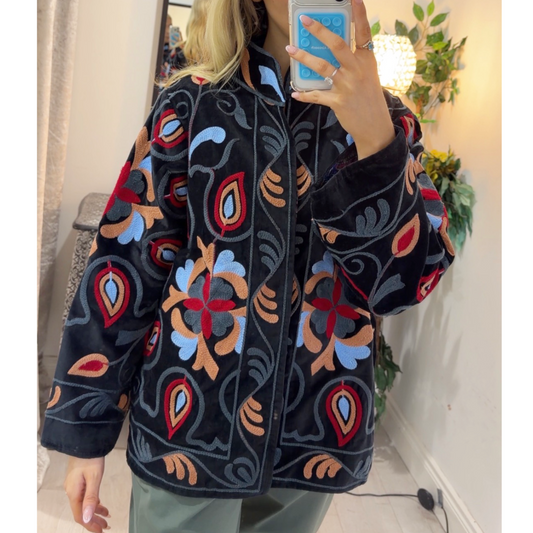 Charcoal Embroidered Boho Velvet Jacket